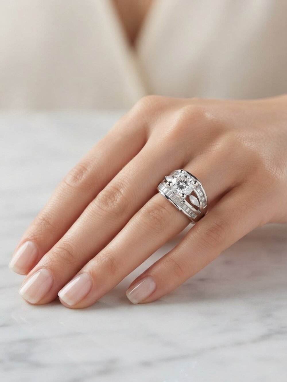 Gorgeous Sterling Silver CZ Baguette & Solitaire Statement Ring Size 8